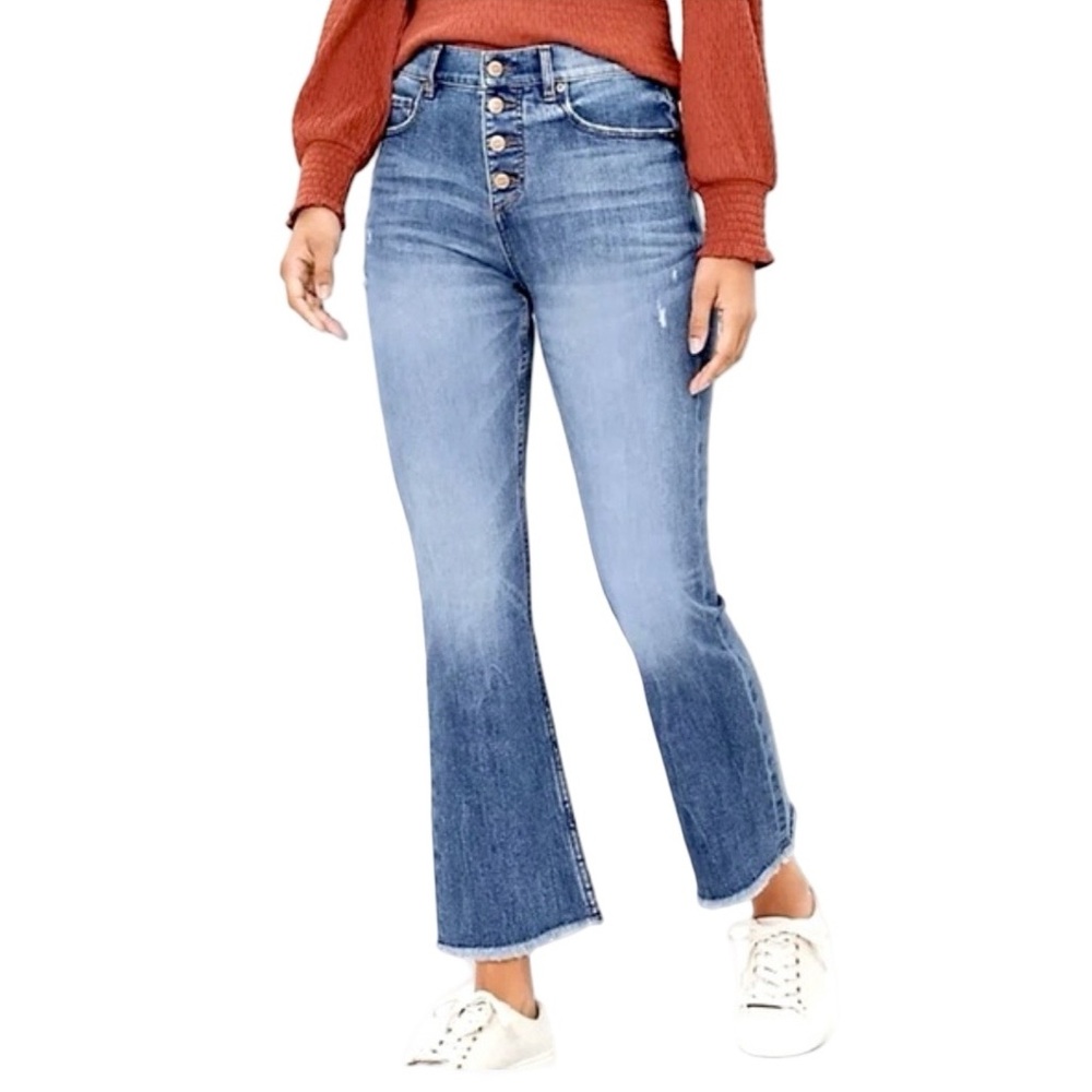 EUC LOFT High Waist Flare Crop Ankle Frayed Hem Blue‎ Jeans
